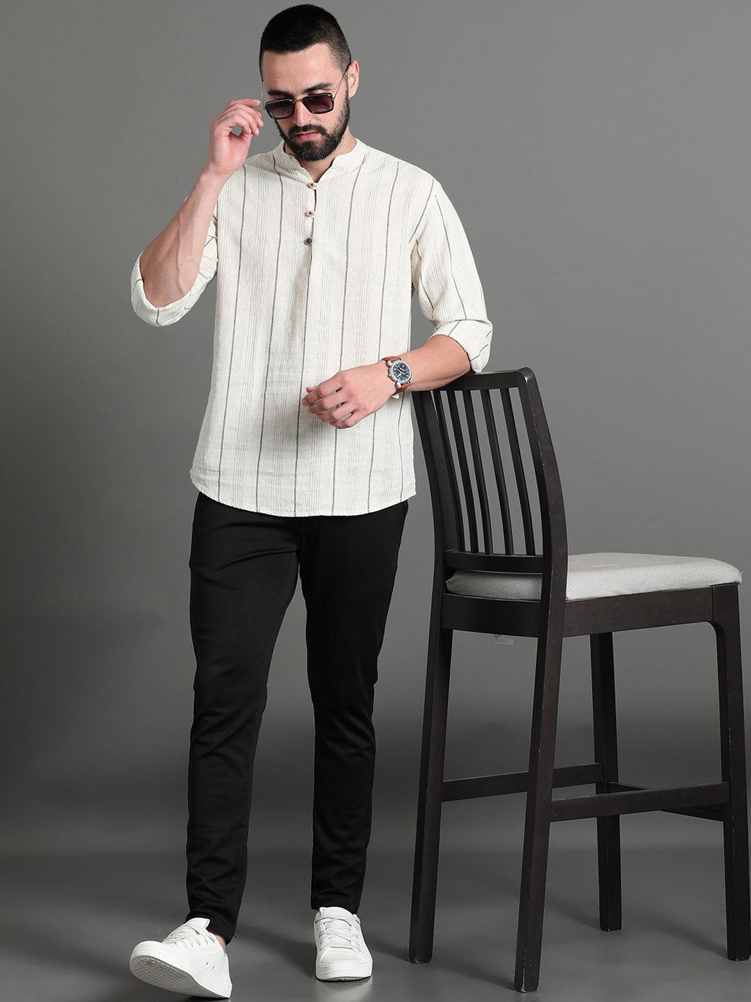 HERE&amp;NOW Striped Cotton Short Kurta