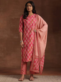 Pink Printed Silk Blend Straight Suit with Dupatta
