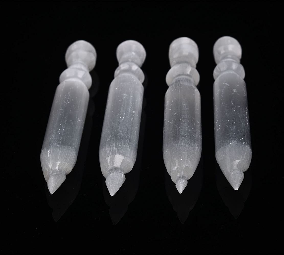 JIC Gem 4 Pcs Selenite Wand 6 Inch Natural Spiral Selenite Sticks Crystal Point for Reiki, Healing, Meditation, Chakra, Positive Energy B-spiral4 Wand 6"
