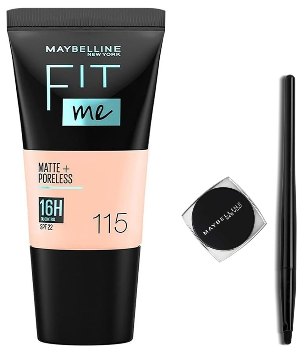 Maybelline New York Fit Me Matte+Poreless Liquid Foundation Medium Coverage For Oily Skin Tube, 115 Ivory, 18Ml And New York Lasting Drama Gel Eyeliner,Blackest Black, 2.5G, Pack Of 1
