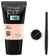Maybelline New York Fit Me Matte+Poreless Liquid Foundation Medium Coverage For Oily Skin Tube, 115 Ivory, 18Ml And New York Lasting Drama Gel Eyeliner,Blackest Black, 2.5G, Pack Of 1