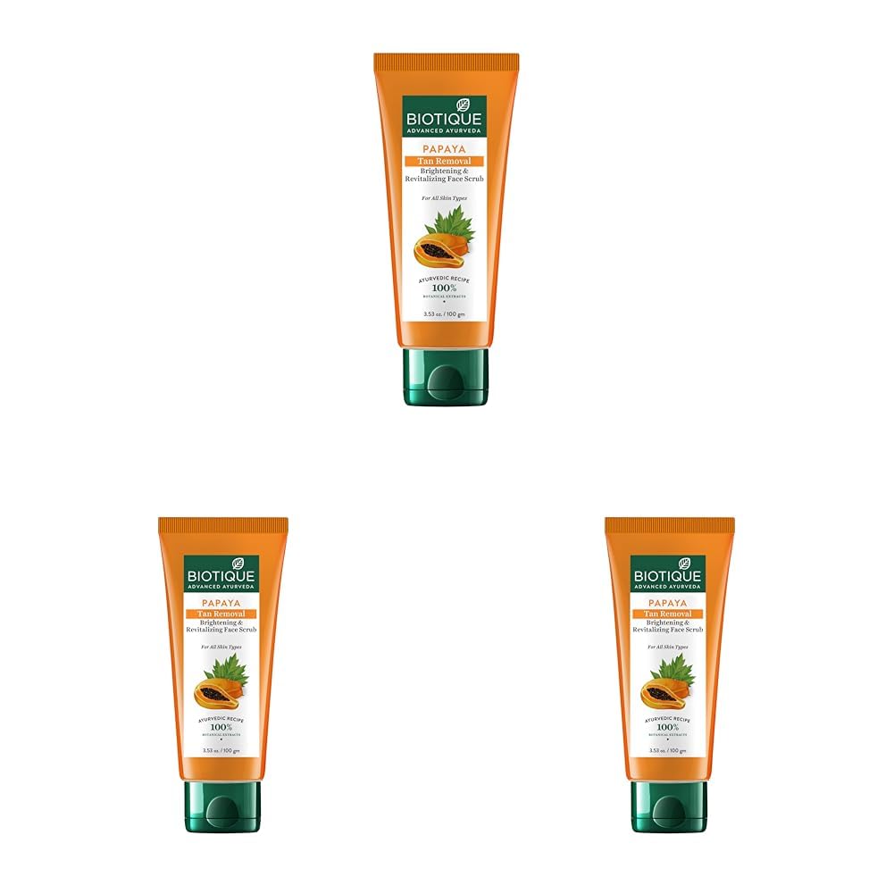 Biotique Papaya Tan Removal Brightening & Revitalizing Face Scrub | Gentle Exfoliation | Smooth and Clear Complexation | 100% Botanical Extracts| Suitable for All Skin Types | 100g (Pack of 3)