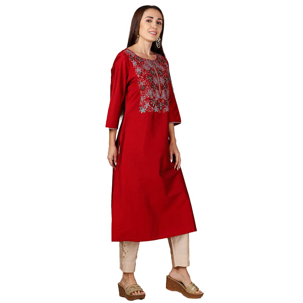Kashish Women's  Viscose Embroidered Round Neck Straight Fit Kurta
