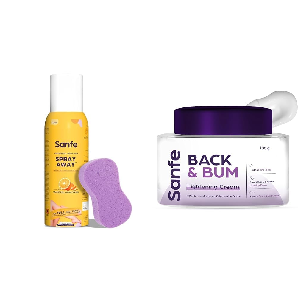 Sanfe Painless & Detan Hair Removal Spray Cream - 112 ml Back & Bum Cream for Dark Spots and Body Acne Glycolic Acid Lactic Acid & Urea 11% AHA & Maximum Exfoliation Remove Dead Skin 100gm