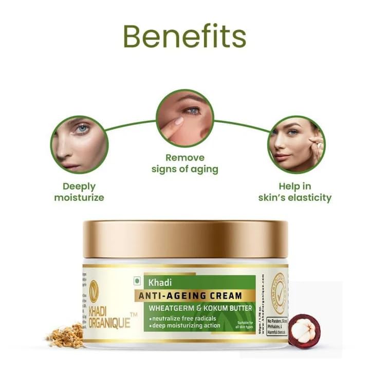 Khadi Organique Anti Ageing Cream Wheat Germ & Kokum Butter Reduce Wrinkles & Fine Lines | Suitable for Men & Women of all Skin Types - 50gm