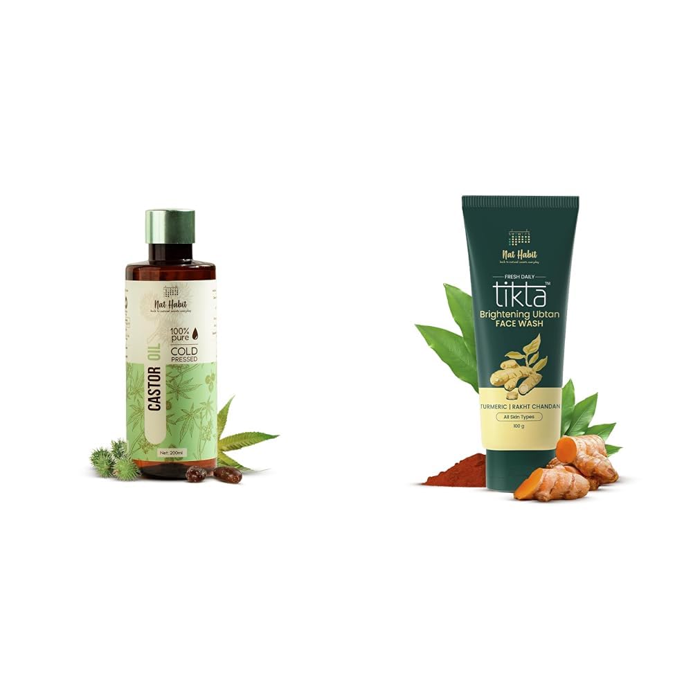 Nat Habit Cold Pressed 100% Pure Castor (Arandi) Oil for Skin & Hair - 200ml and Nat Habit Ubtan Face Wash, Fresh Daily Tikta For Men & Women 100g