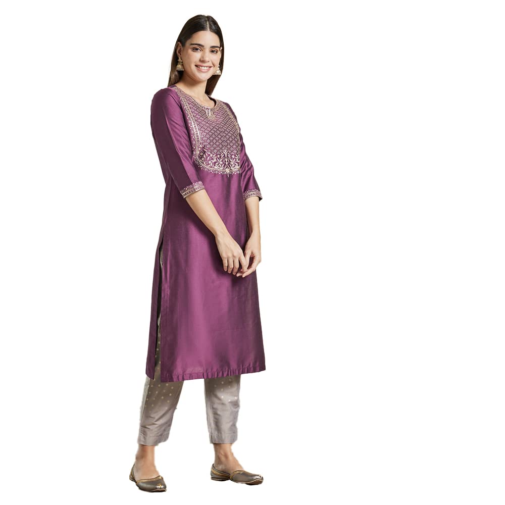 Kashish Women's  Viscose Embroidered Round Neck Straight Fit Kurta
