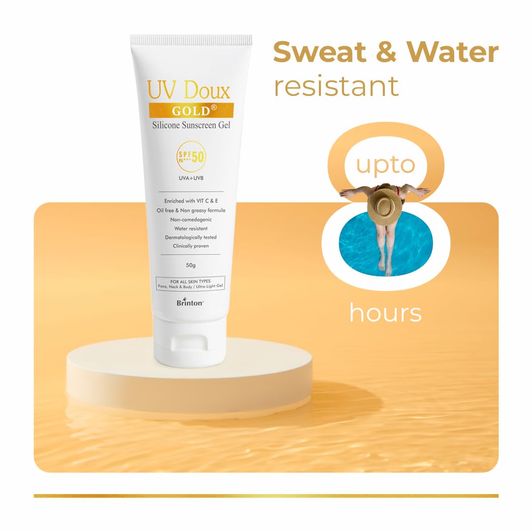 Brinton UV Doux Gold Silicone Sunscreen Gel SPF 50 PA+++ Enriched With Vitamin C & E | Water Resistant, Oil Free & Non- Greasy | UVA/UVB With Broad Spectrum, 50 g x Pack of 3