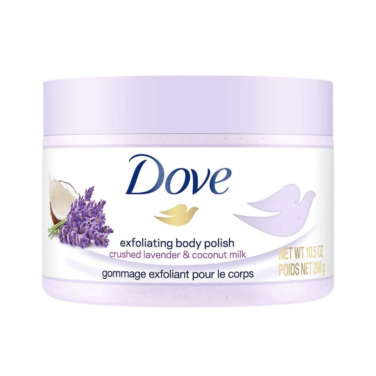 Dove Exfoliating Body Polish Scrub with Crushed Lavender & Coconut Milk for Dry Skin, Gently Exfoliates & Removes Dead Skin, Naturally Derived Ingredients, Sulfate-Free, Soothing Scent, 298 g