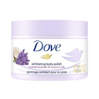Dove Exfoliating Body Polish Scrub with Crushed Lavender & Coconut Milk for Dry Skin, Gently Exfoliates & Removes Dead Skin, Naturally Derived Ingredients, Sulfate-Free, Soothing Scent, 298 g