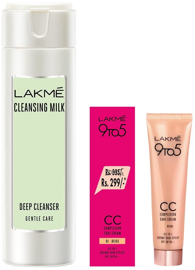 LAKMÉ 9 To 5 Complexion Care Face Cc Cream, Beige, Spf 30, 30 G & Lakme Gentle & Soft Deep Pore Cleanser, Cleansing Milk For Soft And Glowing Skin, 120 Ml