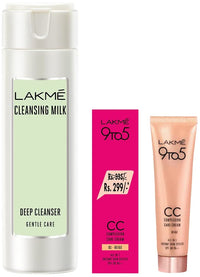 LAKMÉ 9 To 5 Complexion Care Face Cc Cream, Beige, Spf 30, 30 G & Lakme Gentle & Soft Deep Pore Cleanser, Cleansing Milk For Soft And Glowing Skin, 120 Ml