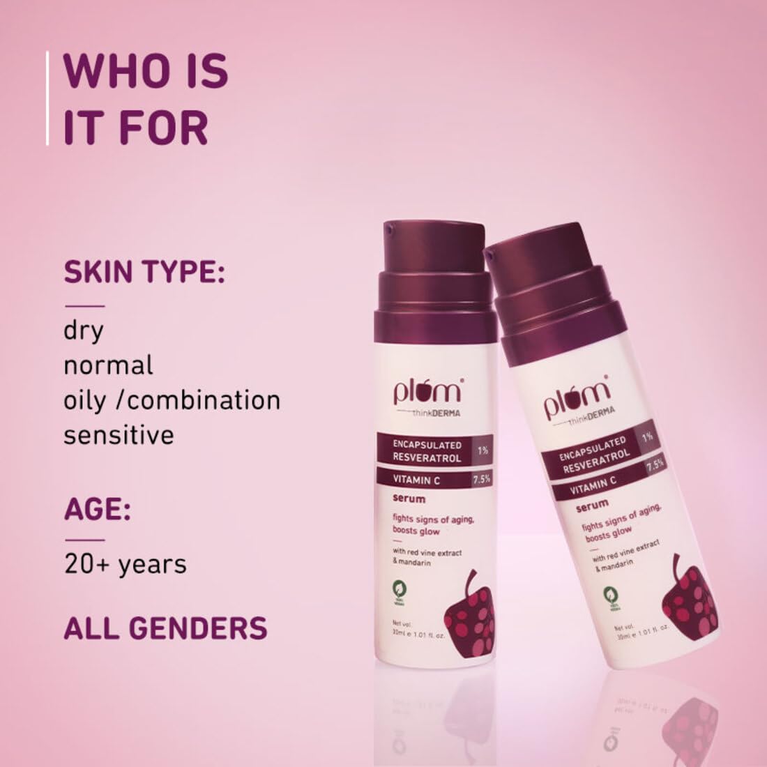 Plum 1% Encapsulated Resveratrol & 7.5% Vitamin C Face Serum | Fights Signs of Ageing | Boosts Collagen Production | Enhances Glow | Lightweight & Quick-absorbing | 100% Vegan | 30 ml