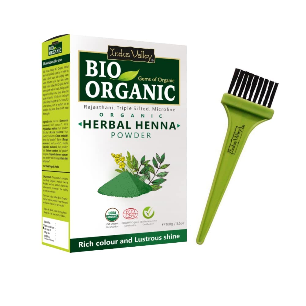 INDUS VALLEY Bio Organic Herbal Henna Powder Rich Colour and Lustrous Shine with Hair Dye Brush (100g) - Green