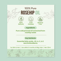 Nat Habit Pure Rosehip Oil, Pure Cold Pressed Rosehip Oil For Deep Hydration, Smooth & Glowing Skin, 30ml
