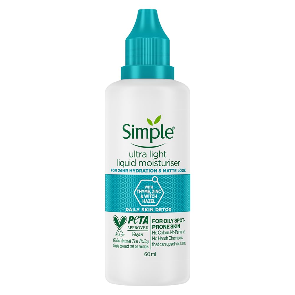 Simple Daily Skin Detox Ultra-light Liquid Moisturiser 60ml | For 24 Hr Hydration & Matte Look | For Oily, Pimple-Prone & Spot-Prone Skin
