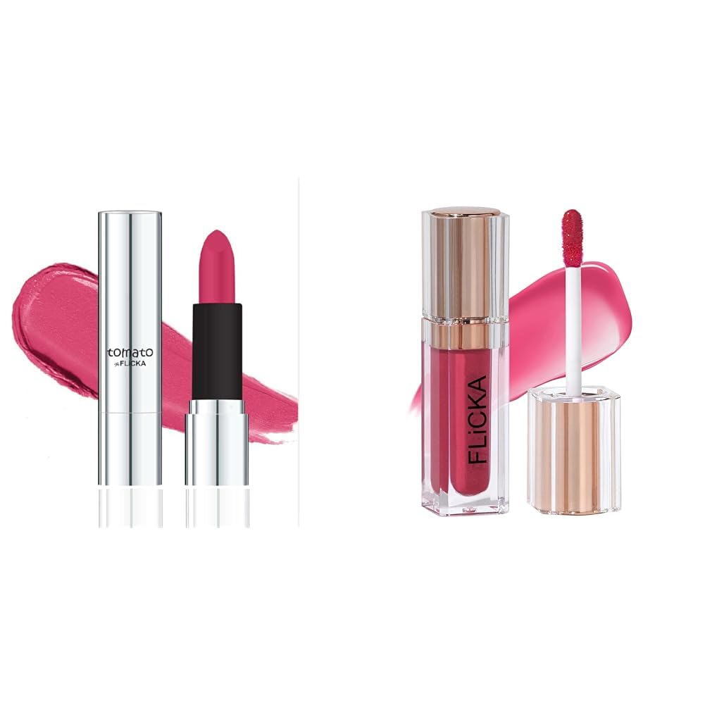 FLiCKA Tomato Bullet Matte Lipstick| Nontransfer Lipstick, Waterproof, Hydrating, Moisturizing, Upto 6Hrs, Shade 21, 4g Shimmery Affair Lip Gloss 6 Gin Baby Pink 5ml