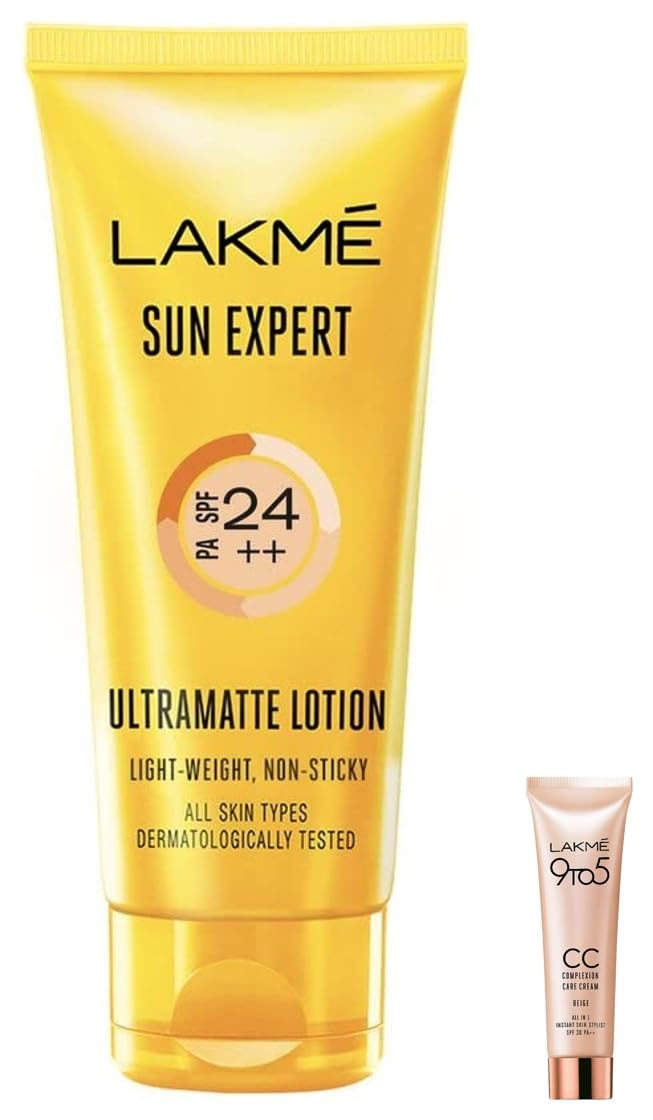Lakmé Sun Expert Spf 24 Pa++ Ultra Matte Sunscreen Lotion 50 Ml & Lakmé 9 To 5 Cc Cream Mini For All Skins, 01-Beige, 9 G
