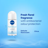 NIVEA Fresh Natural Roll On, 50ml| 48 H Smooth & Beautiful Underarms| 0% Alcohol | For Women