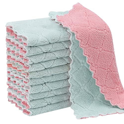 Rachan 11Pack Kitchen Dish Cloths, Reusable Dish Towels, Nonstick Oil Washable Fast Drying, Super Absorbent Coral Velvet Cleaning Cloths for Cleaning Tableware, Kitchen, Bathroom (Pink - green10 x 6")