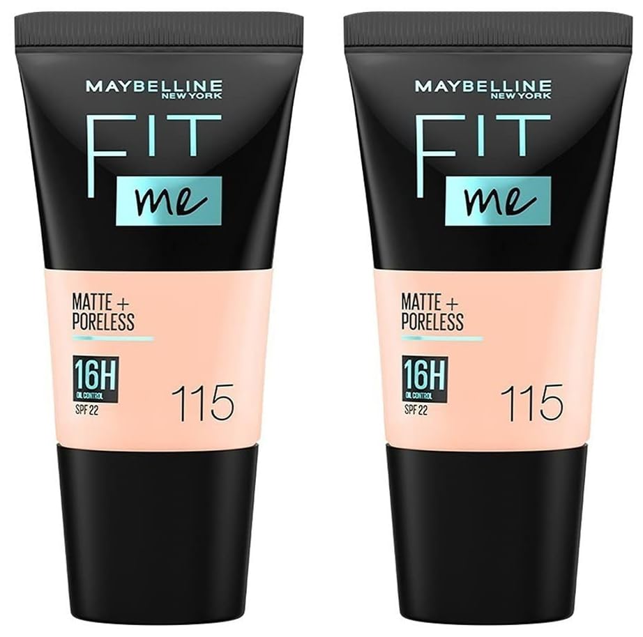 Maybelline New York Liquid Foundation, Matte & Poreless, Full Coverage Blendable Normal to Oily Skin, Fit Me, 115 Ivory, 18ml (Pack of 2)
