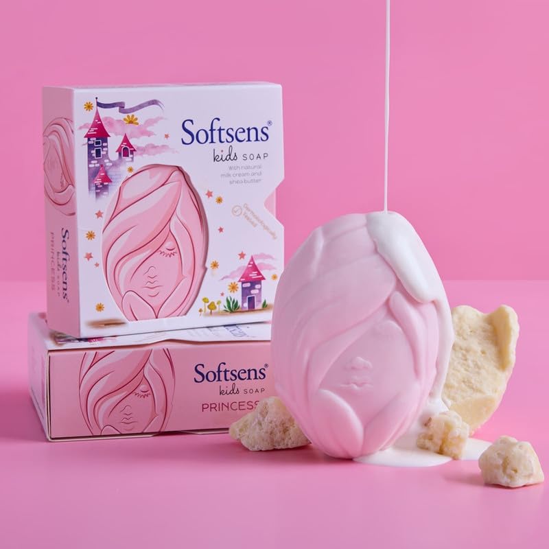 Softsens Kids Princess Soap| Grade 1 Soap| Infused Shea Butter & Milk Cream |Dermatologist Tested| Shape Soap (Pack of 4,75g each)