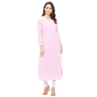 ZOLA Exclusive Georgette Round Neck with Full Sleeves and Calf Length Luckhnowi Chikan Kari Kurta with Button Placket on Yolk Ethnic Wear Straight Kurta for Women Pack of 1