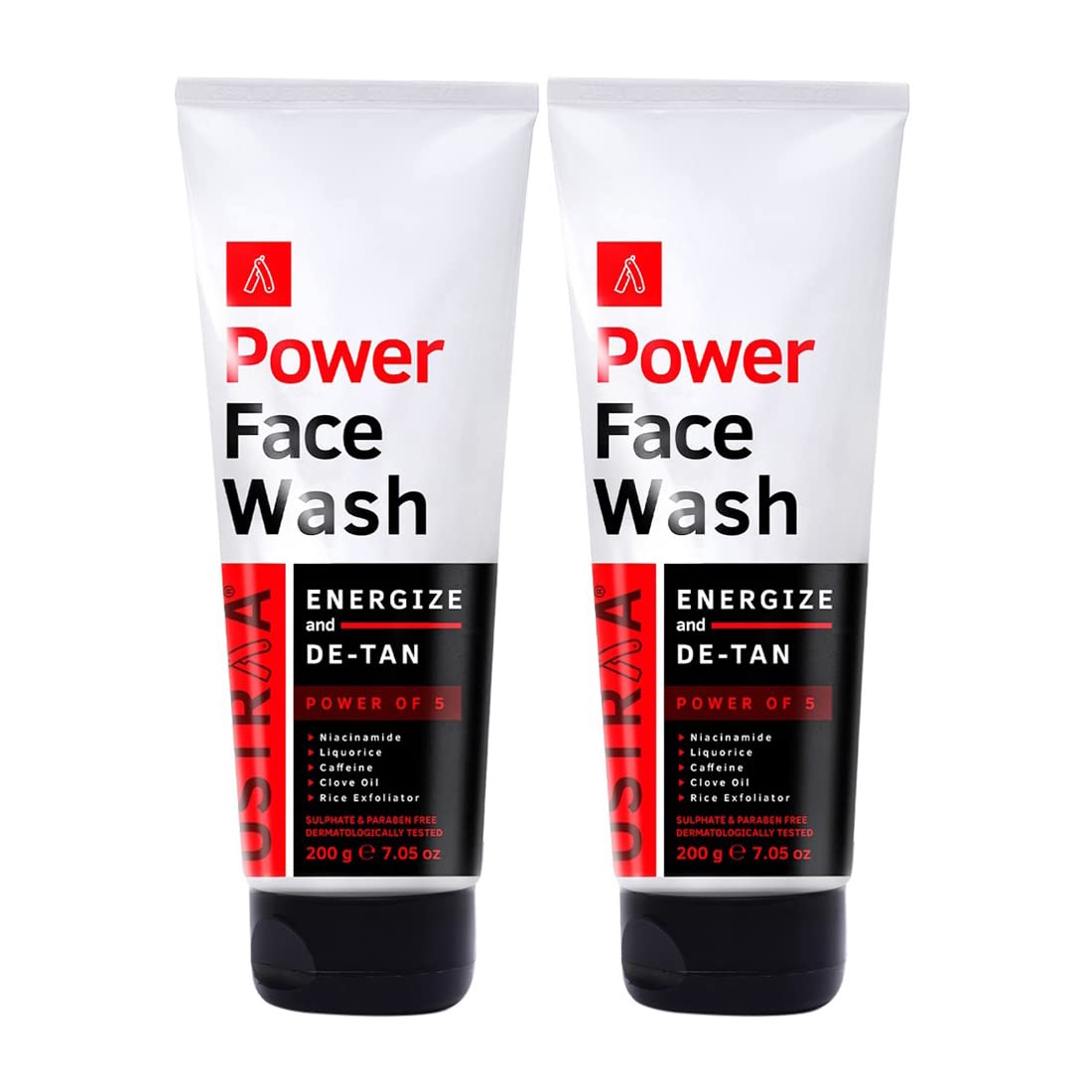 Ustraa Power Face Wash - 200g - (Pack of 2) - Energize and De-Tan | Dermatologicallyl Tested | Effective Tan Removal | Removes Dead Skin, Brightens Skin, Refresh & Recharge, NO SLS, No Paraben