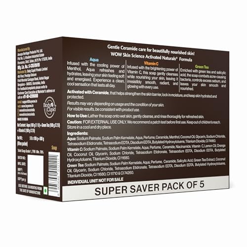 WOW Skin Science Moisturising Soaps with Ceramide | Vitamin C, Green Tea, Aqua | Long-Lasting Moisturisation | No Paraben Soaps | Pack of 5 | 500g