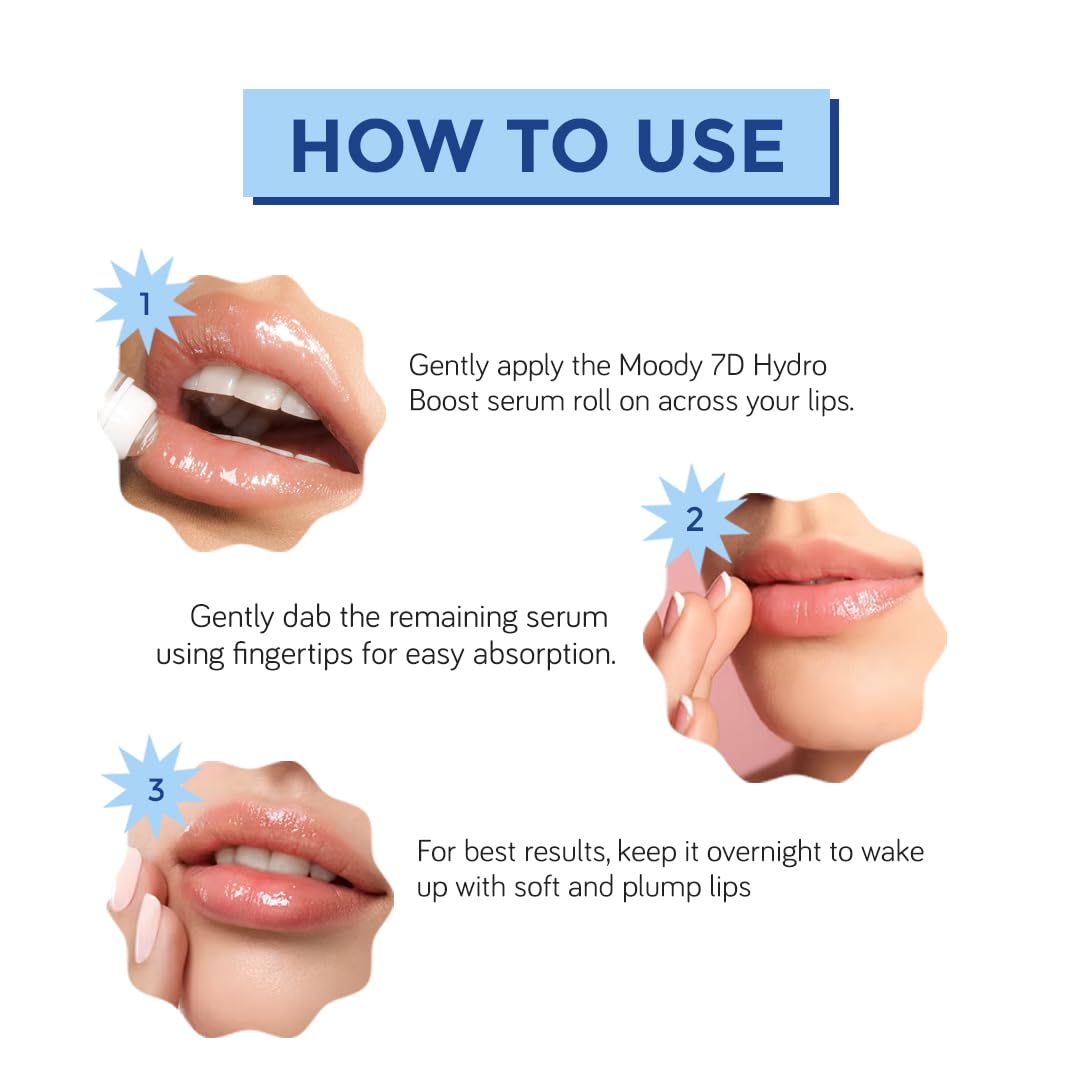 Moody 7D Hydro Burst Lip Serum Roll-On with Hyaluronic Acid, Kojic & Ceramides For Pigmentation & Hydration| Lip Serum for Chapped & Dry Lips | Nourishing and Moisturizing Lips | Paraben Free & Vegan