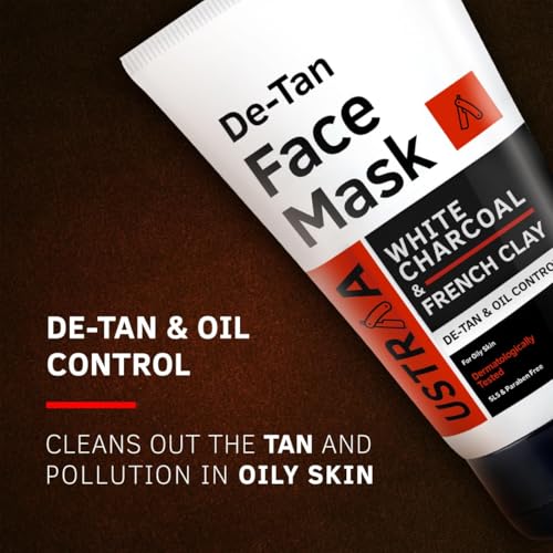 Ustraa De-Tan Face Mask Oily Skin - 125 gm - Wash-off Mask | Effectively Removes Tan & Pollutants | with Highest-grade White Charcoal & French Clay | Cleanses & Balances Oil