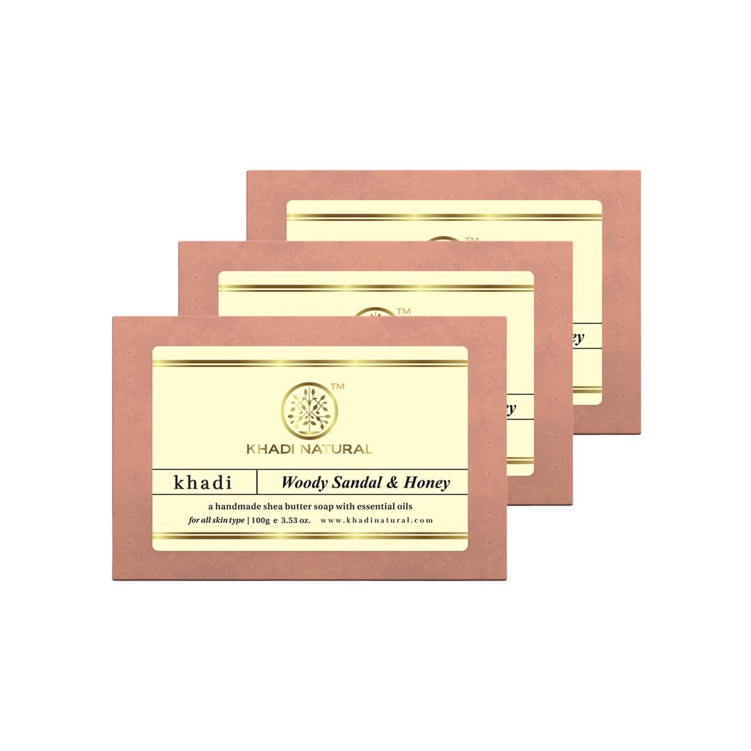 Khadi Natural Woody Sandal & Honey Soap| Even Outs Skin Tone| Makes Skin Glow | Suitable for All Skin | Pack of 3 | (100 * 3) (300 gm)