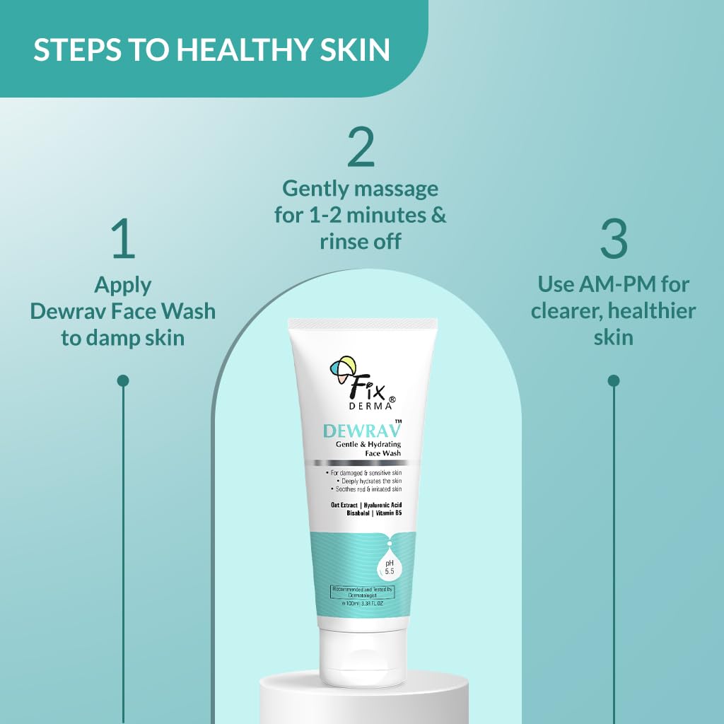 Fixderma Dewrav Gentle & Hydrating Face Wash with 6% Oats Extract, Hyaluronic Acid, Vitamin B5, Bisabolol | Soothes Irritated Skin | Provides Hydration | Face Cleanser For Sensitive, Dry to Normal Skin, 100Ml