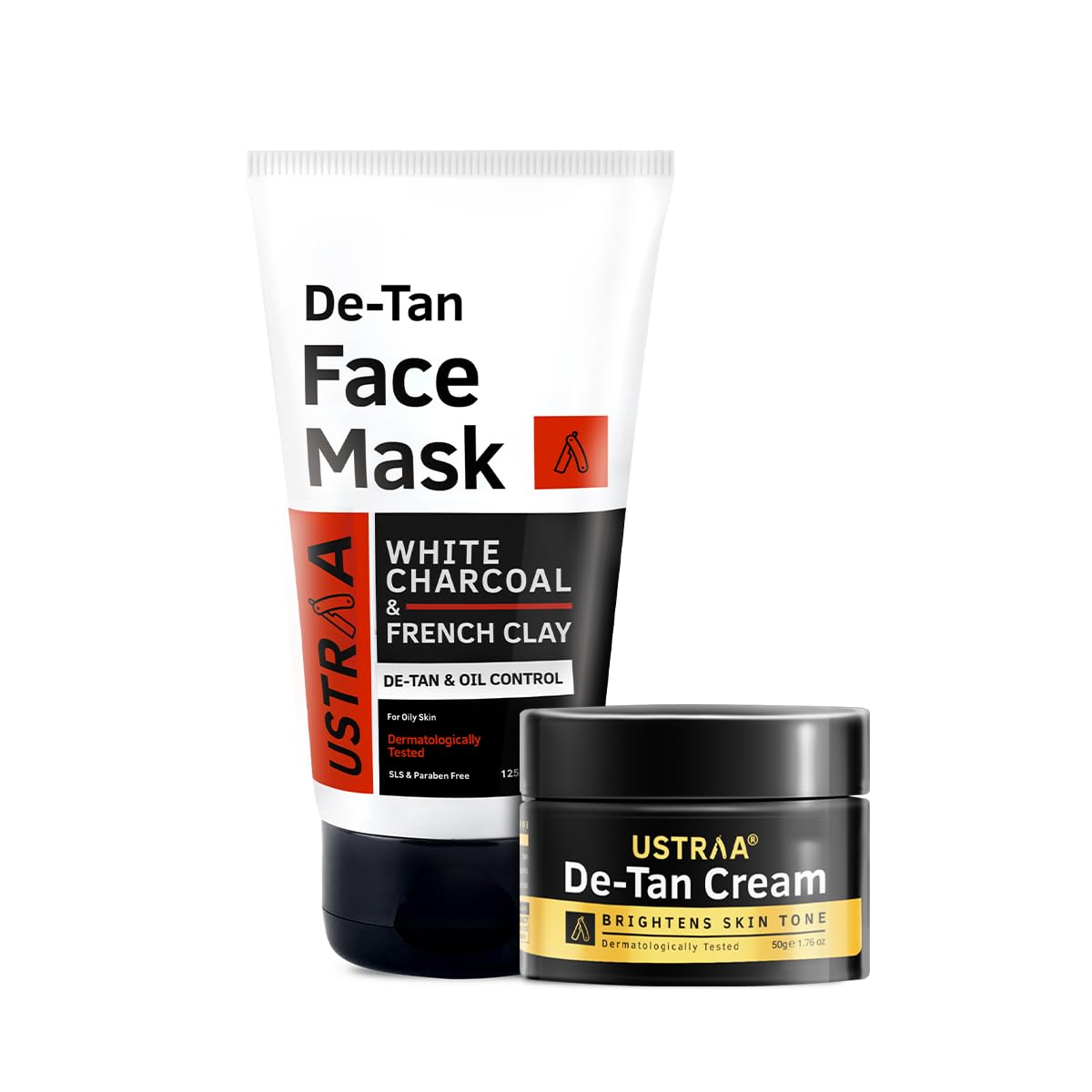Ustraa De-Tan Face Mask Oily Skin - 125 gm - Wash-off Mask | Removes Tan & Pollutants | with White Charcoal & De-Tan Face Cream For Men - 50g | Even Skin tone, Effective Tan Removal, Without Bleach