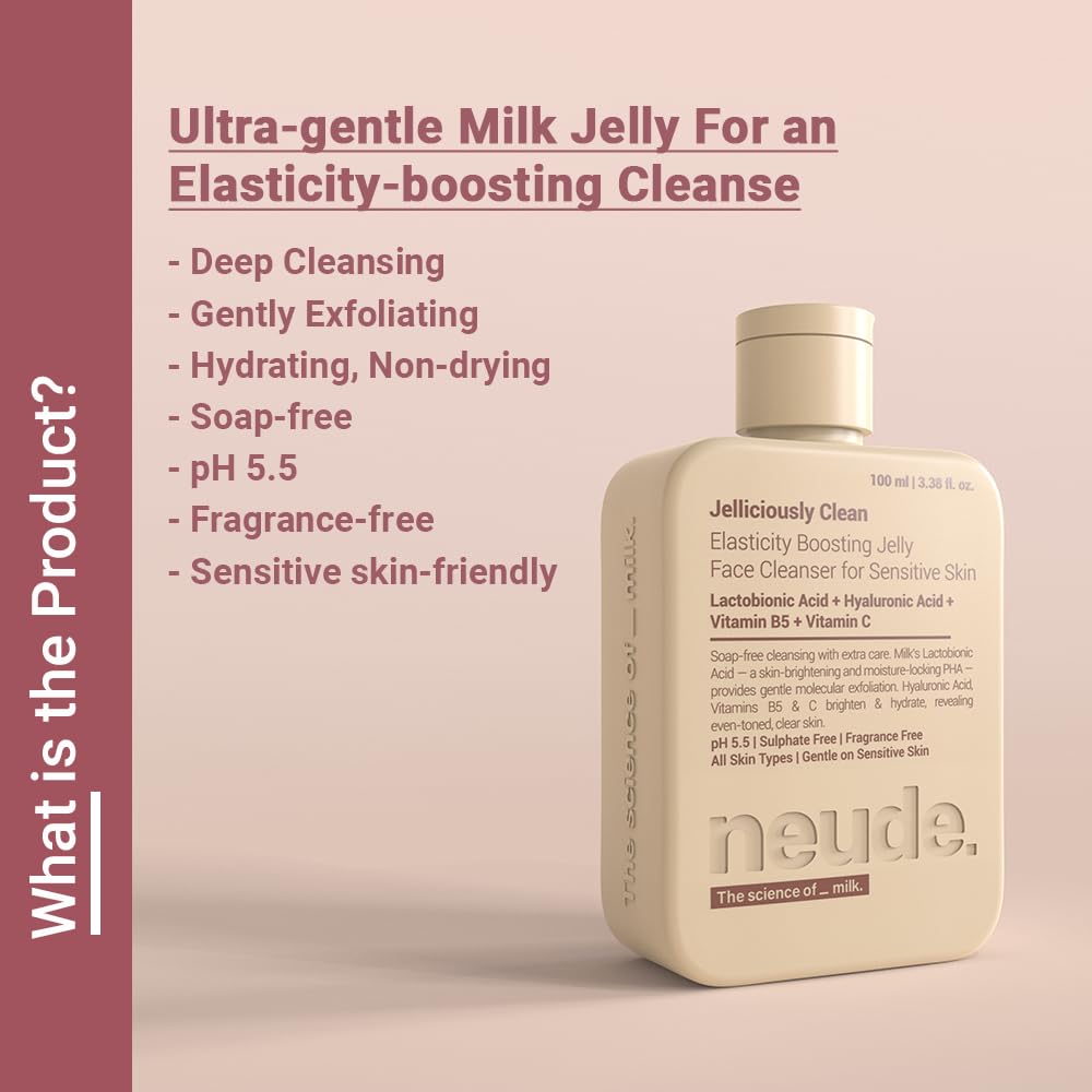 Neude Jelliciously Clean Face Wash 100ml pH 5.5 for Sensitive Skin Gel Face Cleanser with Double Milk Actives Lactobionic Acid & Lactic Acid - Deep Cleansing Brightening & Elasticity Boosting Formula