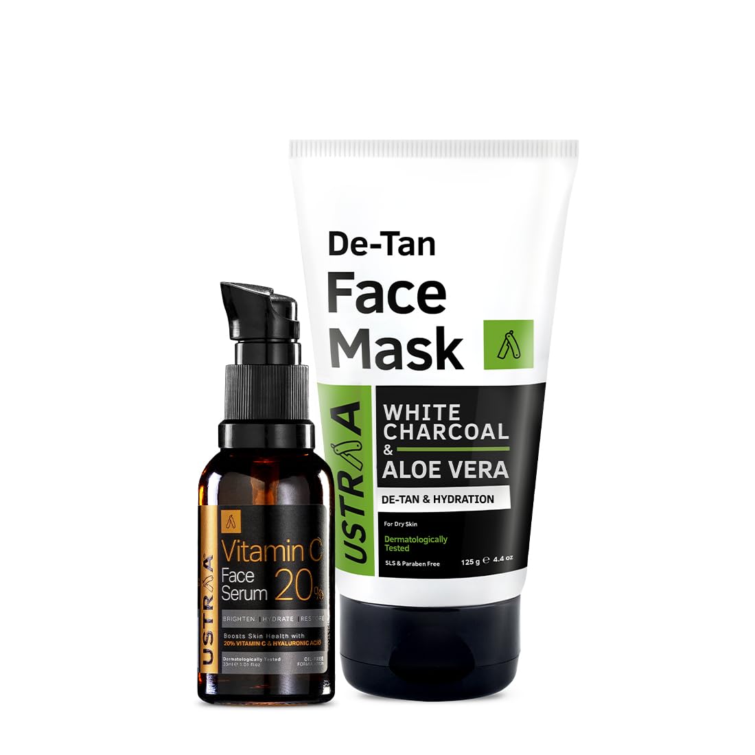 Ustraa 20% Vitamin C Face Serum - 30ml | 20% Vitamin C in Pure form | Anti-Aging, Brightening & De-Tan Face Mask - Dry Skin - 125g - Wash-off mask | with White Charcoal | for Effective Tan Removal