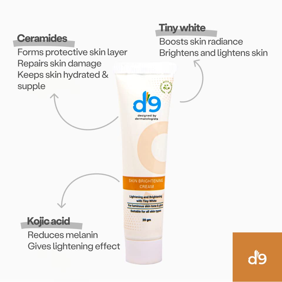 D9 Skin Brightening Cream|With Ceramides & Kojic Acid|For Dark Spots And Uneven Skin Tone | Brightens & Hydrates |Suitable for Normal, Oily, Dry, Combination Skin | Sulphate & Paraben Free|Dermatologist Designed-20gm