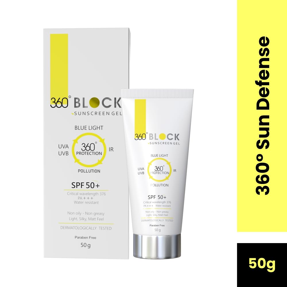 360 Block Sunscreen Gel SPF 50+ - protects from UVA, UVB, INFRA-RED RADIATION (IR), BLUE LIGHT & ATMOSPHERIC POLLUTANTS