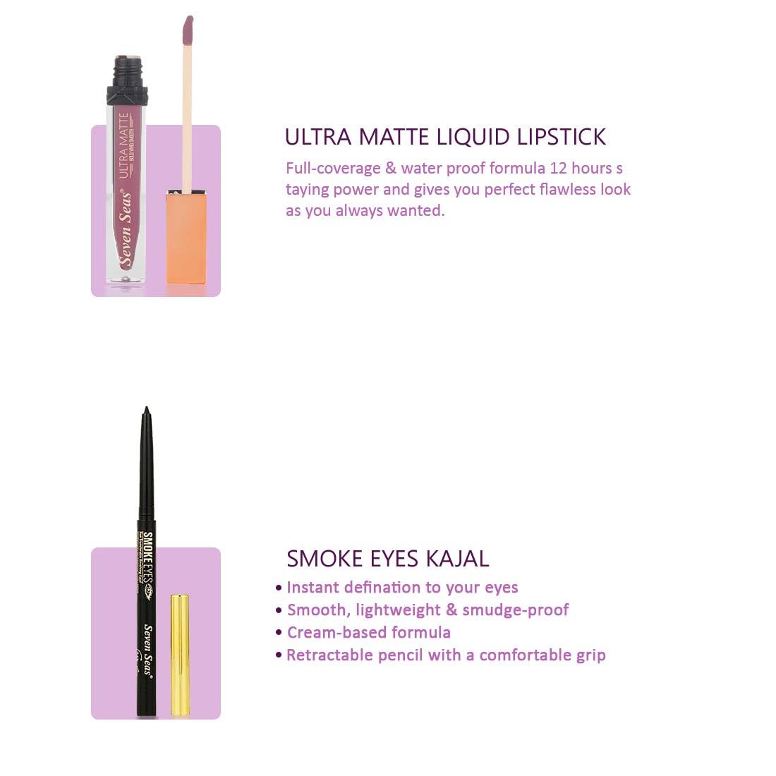 Seven Seas Light weight, BB Tube Board Spectrum Foundation, Face Primer, Liquid Lipstick, Oil Concealer, Kajal, Makeup Remover with | Full Coverage | face makeup (Combo set) (Women) (Skin)