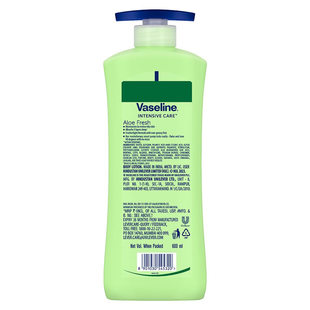 Vaseline Aloe Fresh Body Lotion,24 HR Long Lasting Moisturisation with Aloe Vera extract and Menthol, 600ml
