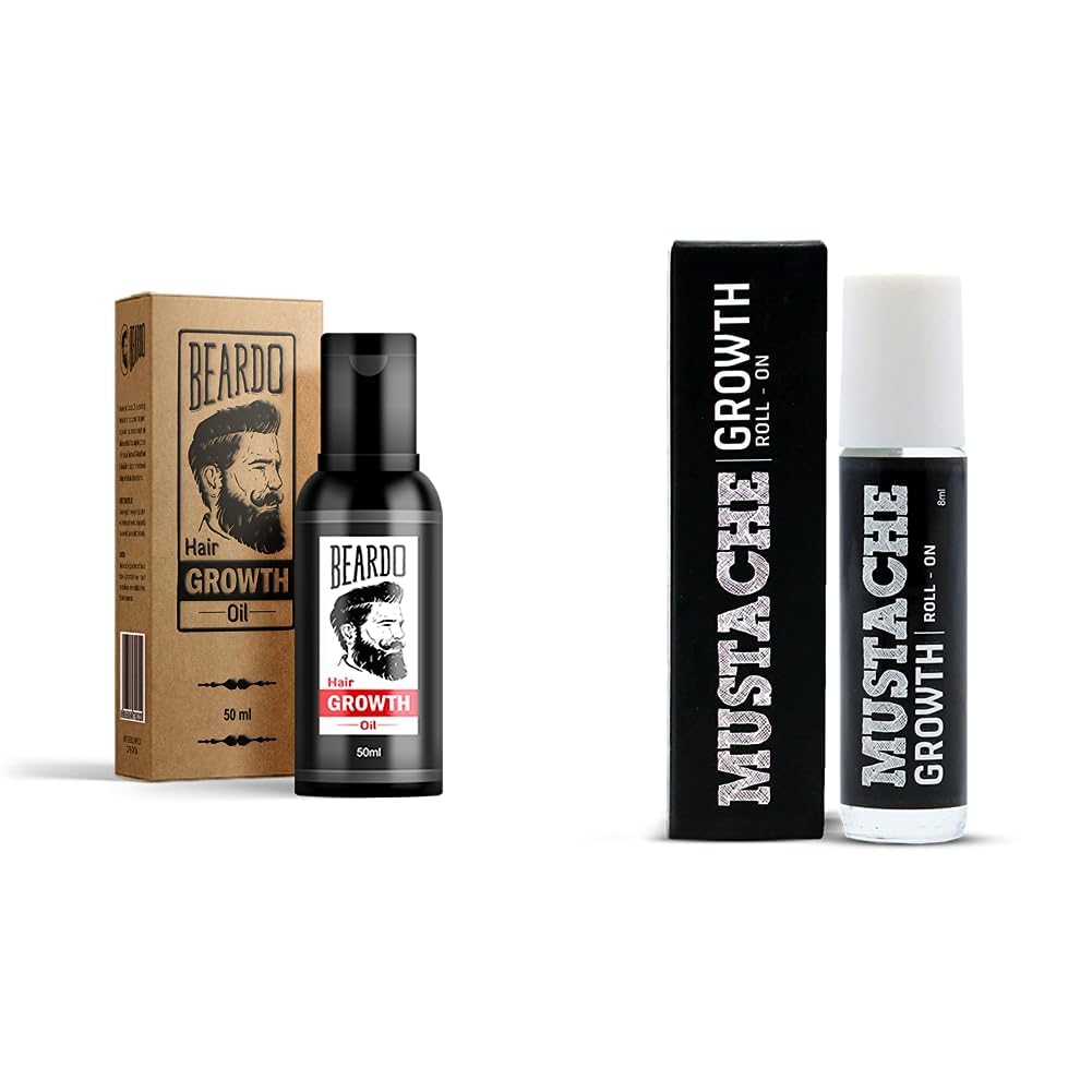 Beardo Beard & Mustache Growth Combo | Mustache Growth Roll On 8ml & Beard n Hair Growth Oil 50ml (Set of 2)
