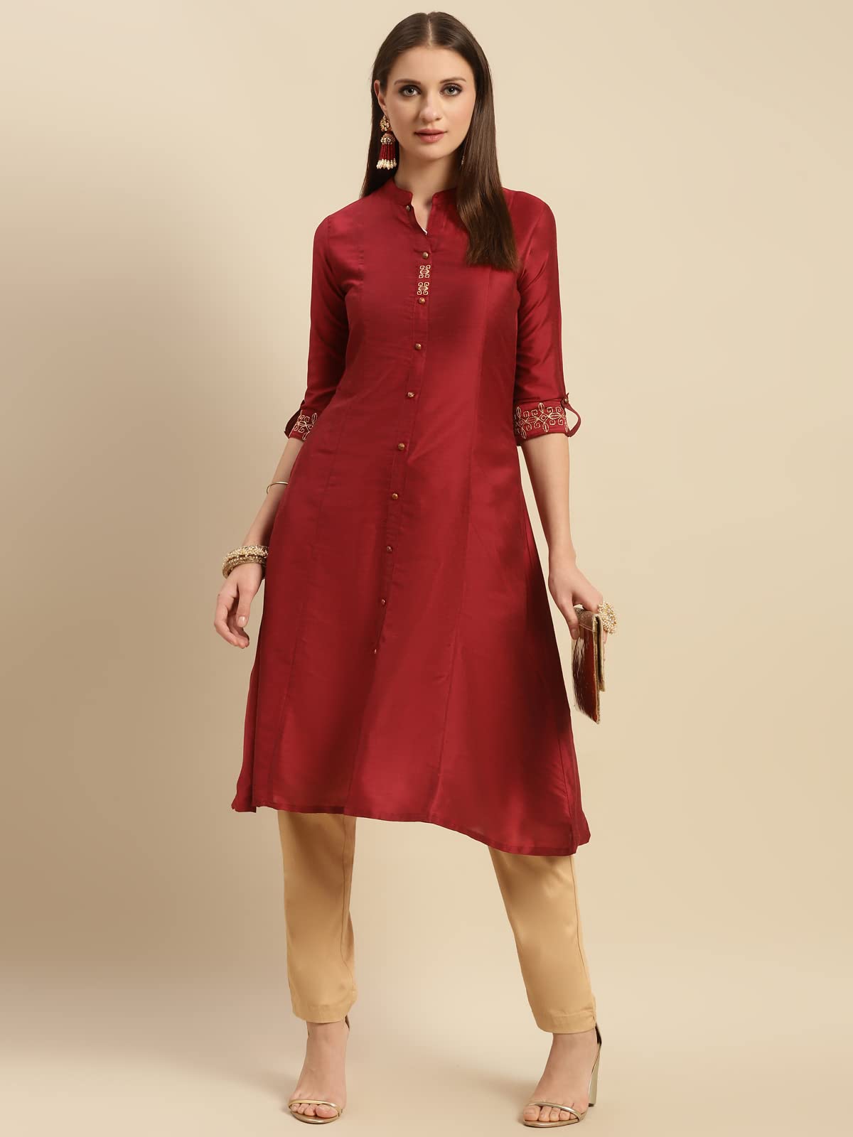 rangita Women Solid Embroidered Calf Length A Line Kurti with Sleeves Tabs