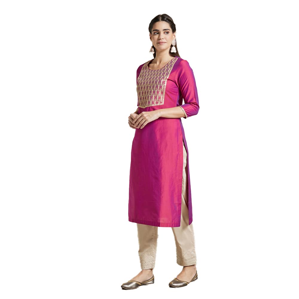 Kashish Women's  Viscose Embroidered Round Neck Straight Fit Kurta