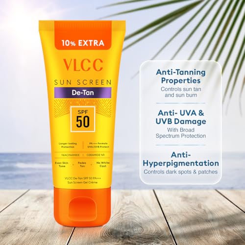 VLCC De-Tan SPF 50 PA+++ Sunscreen Gel Crème - 100g + 10g Extra | With Cucumber, Carrot, and Saxifraga Extracts | Enhances Glow, Protects from UVA, UVB Rays, and Help Reduce Dark Patches.