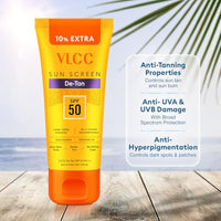 VLCC De-Tan SPF 50 PA+++ Sunscreen Gel Crème - 100g + 10g Extra | With Cucumber, Carrot, and Saxifraga Extracts | Enhances Glow, Protects from UVA, UVB Rays, and Help Reduce Dark Patches.