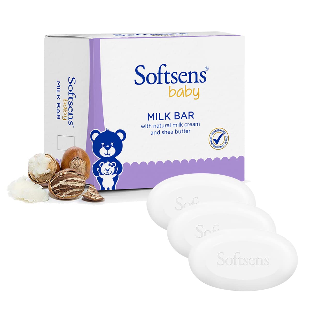 Softsens Baby Moisturizing Milk Soap Bar Enriched with Natural Milk Cream & Shea Butter I Dermatologically Tested & Paraben Free for Baby Skin- Pack of 1 (100 gms x 3)