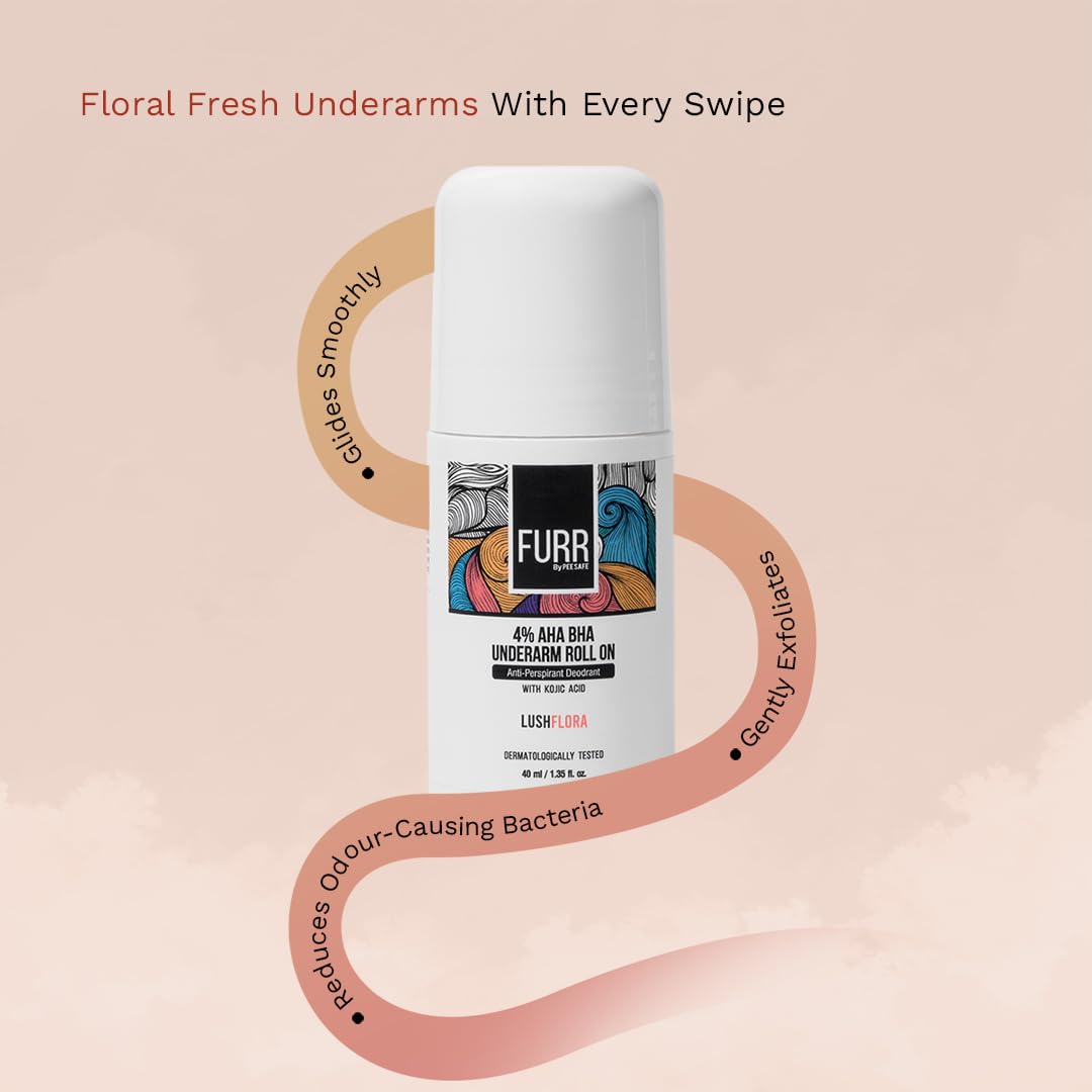 FURR 4% AHA BHA Underarm Roll On with Kojic Acid | Lush Flora Fragrance | 40ml | Helps Reduce Pigmentation, Prevents Body Odour & Brightens Skin | Dermatologically Tested | Antiperspirant