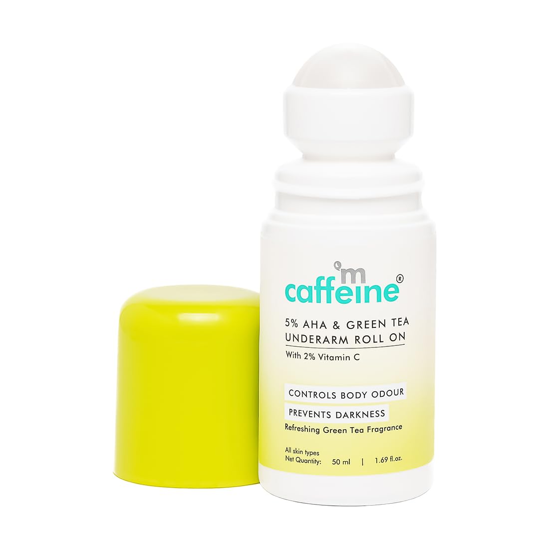 mCaffeine 5% AHA Underarm Roll On with Green Tea, 5% Lactic Acid & Mandelic Acid| 48H Odour Control | Prevents Darkness & Pigmentation, Kills Bacteria, Alcohol & Aluminum Free for Men and Women - 50ml