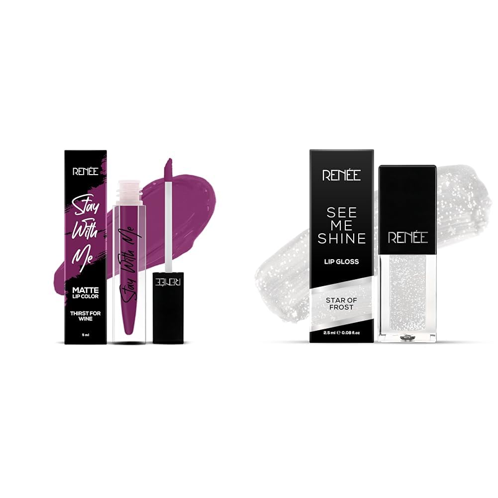 RENEE Stay With Me Matte Lip Color, Long Lasting, Non Transfer, Water & Smudge Proof, Light Wei&RENEE See Me Shine Lip Gloss - Star Of Frost 2.5ml, Non Sticky & Non Drying Formula| Long Lasting