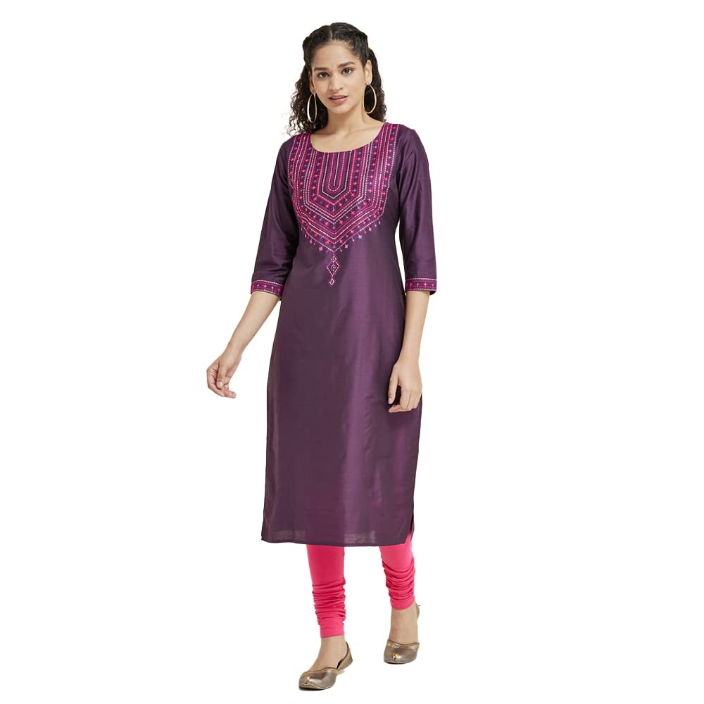 Kashish Women's  Viscose Embroidered Round Neck Straight Fit Kurta